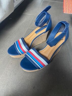 Fourth of July shoes, summer platform, wedge, cool shoes, red, white, and blue.